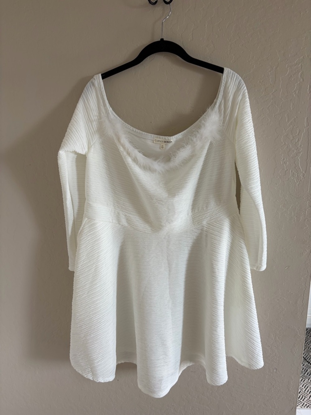 Curvy Sense White Textured Scoop-Neck Mini Dress with Three-Quarter Sleeves